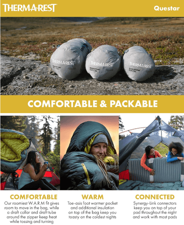 Therm-a-Rest Questar synthetic sleeping bag, best versatile sleeping bag for damp conditions