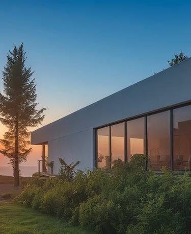 a house with a view of the sun setting