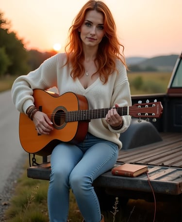 Red-haired woman with guitar on truck tailgate at sunset, journaling beside wildflowers.