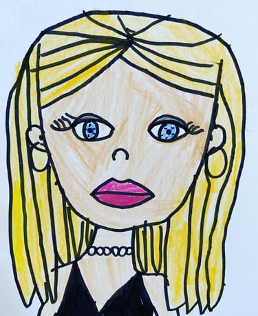 a drawing of a woman with blonde hair and blue eyes