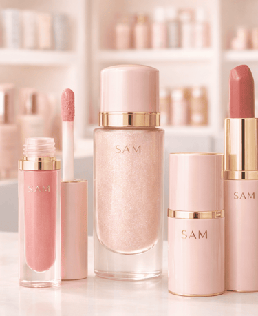 Colección completa de maquillaje SAM Cosméticos con labial, gloss y cremas en presentación elegante.