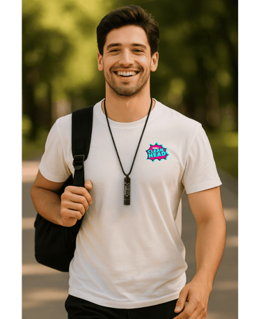 Man walks, smiling looking at camera with a back pack and a Clean Head Tube around his neck