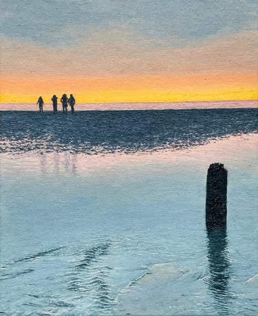 Tableau peinture à l'huile - Coucher de soleil sur la côté d'Opale