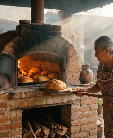 imagen de una señora preparando pan en horno de leña. imagen generada por IA