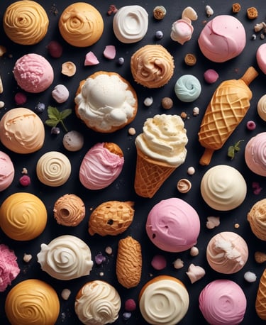The image depicts a display of various flavors of gelato, each labeled with a sign, in a well-lit ice cream shop. The prominent flavors include 'Frutti di Bosco,' 'Nocciola Piemontese,' 'Cocco Malaysia,' and 'Cioccolato Fondente del Perú.' In the foreground, there is a dessert cup named 'Coppa Giulietta' topped with nuts and chocolate swirls. Some decorative leaves add a fresh look.