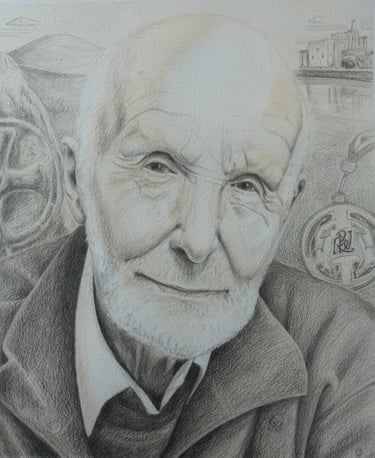 Watercolour and pencil drawing of an older man with a white beard.  Sepia tones.