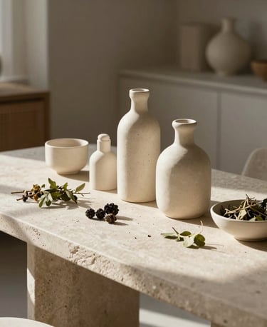 A serene editorial photograph capturing an artisan studio setting in an International / Japandi Luxury home. Natural sunlight streams onto a smooth stone table holding handmade ceramic bottles and raw botanical ingredients. The scene features light ivory and warm beige tones with soft tactile textures and quiet elegance.
