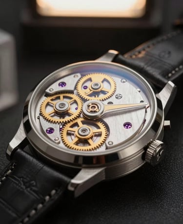 A close-up photograph of an ultra-luxury vintage mechanical watch mechanism, showcasing gold gears and intricate Swiss craftsmanship. Set against a dark, minimalist showroom background with soft warm lighting. Exquisite, high-end, quiet luxury aesthetic.