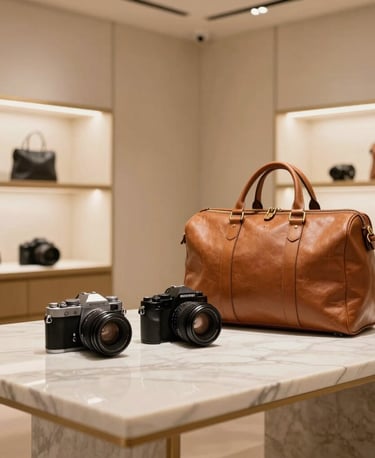 A minimalist editorial style photograph of a rare luxury camera and fine leather travel bag arranged on a sleek marble table in an exclusive boutique showroom. Clean lines, generous whitespace, warm golden ambient lighting.