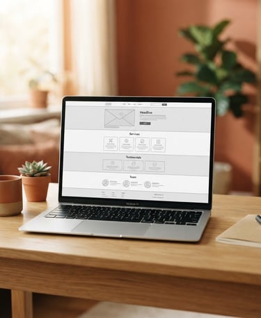 A sleek laptop displaying a clean service website wireframe, resting on a minimalist oak desk under soft morning window light, warm terracotta accents