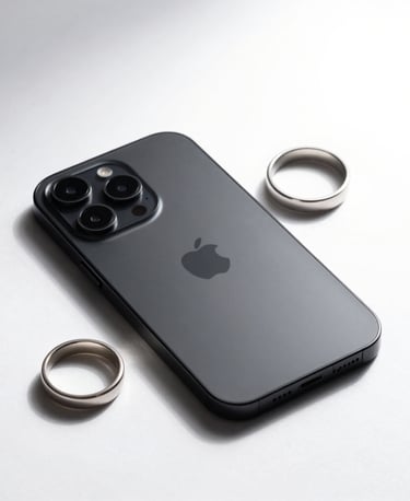 An editorial, high-contrast studio photograph of a sleek matte black futuristic smartphone sitting next to minimalist silver metal rings. White background, hard shadows, high fashion style.