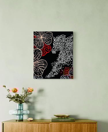 Modern abstract canvas wall art featuring a stippled horse and leaves on a black background.