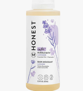 Honest Company lavender bubble bath with essential oils and chamomile in a 12 ounce bottle.