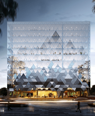a building with a large glass facade and a skylight