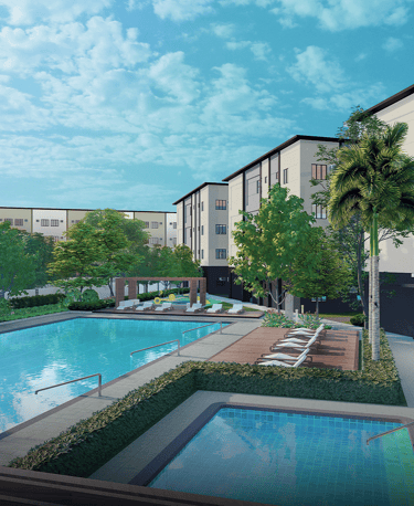 a pool with a view of a building