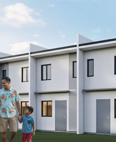 a family standing in front of a house