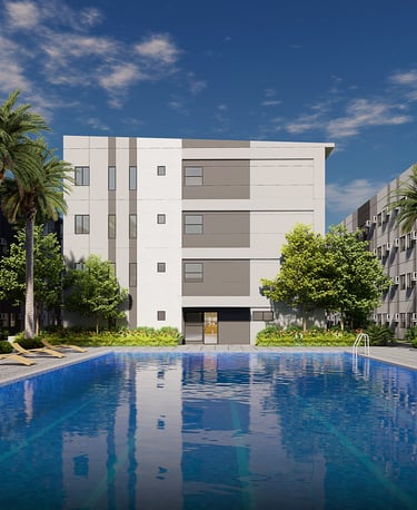a pool with lounge chairs and palm trees
