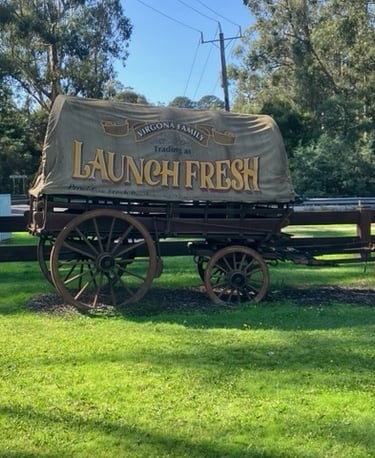 an old wagon cart with a canvas top launch fresh written on the side of the canvas located in launching place