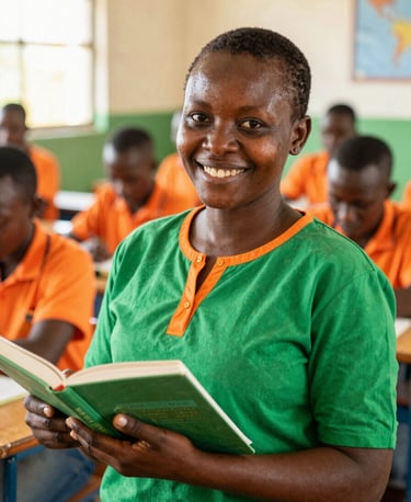 Warm editorial portrait of a Mozambican teacher-in-training smiling in a sunlit classroom, holding a textbook, vibrant green and orange tones, shallow depth of field, 35mm