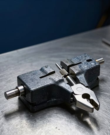 Professional studio photography of a high-quality jeweler's hand vice and precision pliers resting on a clean steel workbench. The scene is illuminated by focused spot lighting, highlighting the metallic texture and durable build of the tools. The background is a soft-focus dark navy blue and slate blue.