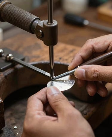 Close-up macro photography of hands using a professional jeweler's saw to delicately cut a silver sheet. Set in a traditional Southeast Asian / Indonesian jewelry workshop with warm, precise workspace lighting. High-durability equipment, focusing on the metallic gleam and professional design of the tool.