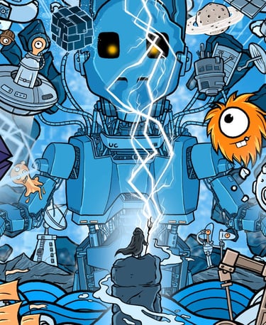 Surreal digital art featuring a giant robot, and space elements in a sci-fi landscape - by Unicris.