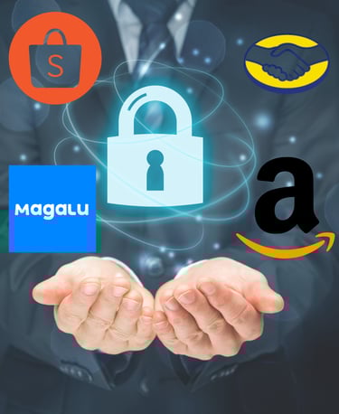 Secure e-commerce marketplace logos for Amazon, Shopee, Magalu, and Mercado Livre surrounding a digital padlock.