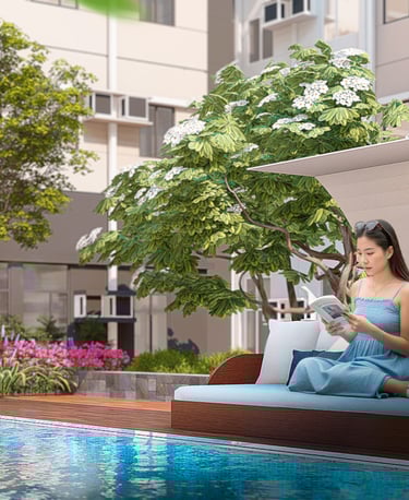 a woman sitting on a couch in a hotel room