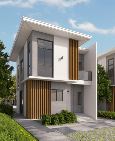 a row of three story houses with wooden slats