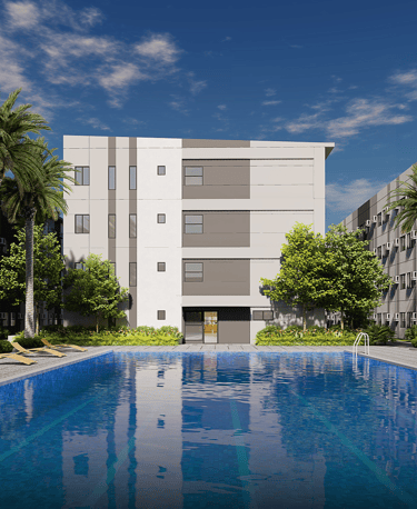 a pool with lounge chairs and palm trees