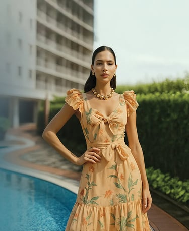 a woman in a dress standing in front of a pool