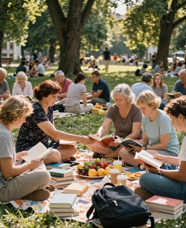 A sunny outdoor gathering in Volkspark Friedrichshain with people sharing books and enjoying a picnic
