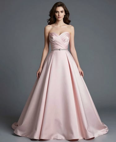 A stunning evening gown displayed on a mannequin with soft lighting highlighting its intricate details
