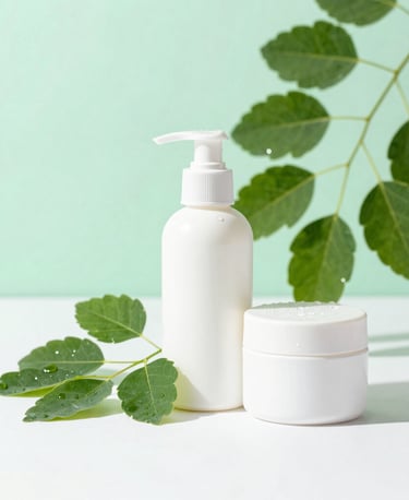A clean, high-end studio product photograph of a white cosmetic bottle and jar. The products are set against a soft, pale mint green and pure white background. Next to the bottles are green Moringa leaves with fresh water droplets. The lighting is bright, soft, and clinical, reflecting a serene and professional scientific aesthetic. South American / Brazilian botanical setup.