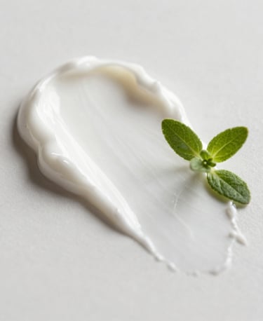 A close-up, high-detail macro photograph of a rich, luxurious white cream texture being smeared on a clean, light surface, beautifully accented by fresh herbal leaves. Soft shadows, clean minimalist presentation, with calming tones of sage green and soft white. South American / Brazilian context.