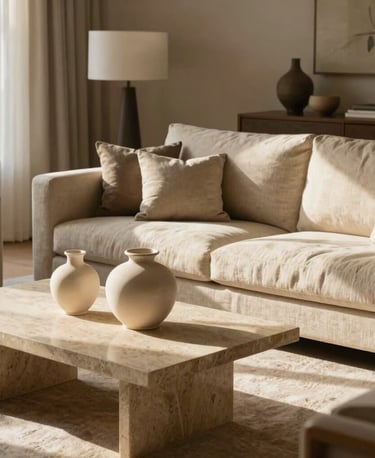 An airy, beautifully designed modern living room showcasing high-end home decor. A comfortable linen sofa in warm beige color, elegant ceramic vases on a minimalist travertine coffee table, and soft natural sunlight casting gentle shadows. The room exudes a sophisticated and warm atmosphere, North American style.