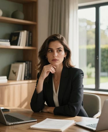 A professional portrait of a modern business owner, a sophisticated woman looking thoughtfully towards the camera in a bright, sunlit home office. The interior features elegant warm taupe and deep sage accents, custom oak shelves with design books, and a large window looking onto a soft garden background. Modern Western style, premium lifestyle magazine aesthetic.
