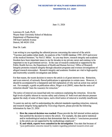 Official 2026 letter from the Secretary of Health and Human Services regarding vaccine safety research integrity.