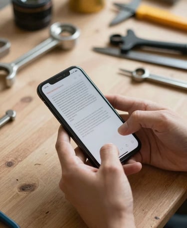 Vue rapprochée de mains d'artisan sur un établi en bois, tenant un smartphone affichant un message texte clair, outils de plomberie flous en arrière-plan, lumière naturelle du jour.