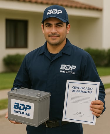 Técnico de BDP Baterías a Domicilio en Panamá mostrando una batería nueva y certificado de garantía,