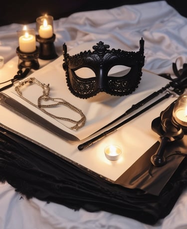 A cozy, softly lit display of sensual massage oils and lotions arranged on a wooden tray with fresh flowers.