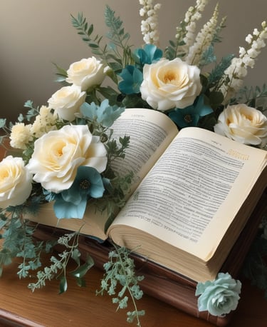 A peaceful arrangement of open bible with soft watercolor floral accents in teal and cream tones