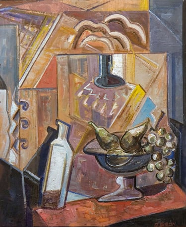 Bodegón, óleo del artista pintor Argi Girón. Still life fruits cubist artist painter oil
