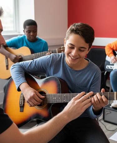 a teens playing guitar in a room