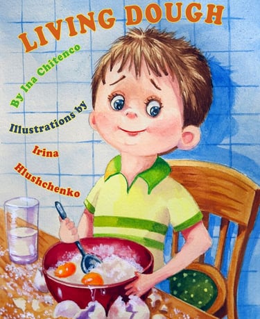 Cover of Living Dough with a cheerful child mixing ingredients in a bowl in a kitchen setting.