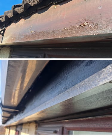 Before and after comparison of a wooden fascia board repair and paint restoration on a residential roof.