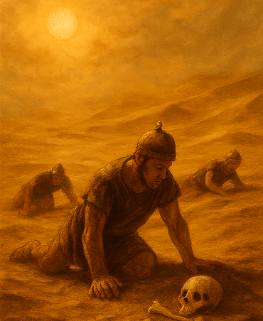 Soldados persas exaustos atravessando dunas do Saara sob sol escaldante.