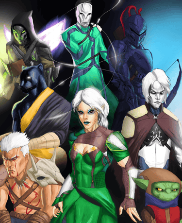 a digital drawing of a group of animation type characters in costumes