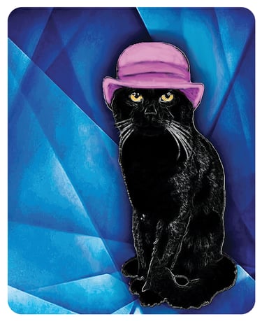 Pop art of Balthazar the black cat in pink derby hat.
