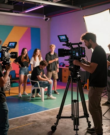 A sleek, modern photo of a film set illuminated with soft white lighting, showcasing a camera rig and crew in action.
